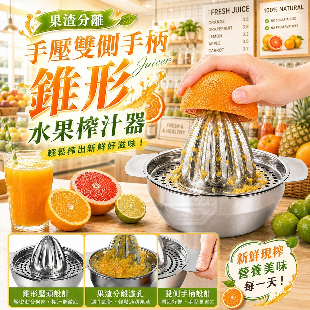 果渣分離錐形手壓雙側手柄V型導流水果榨汁器