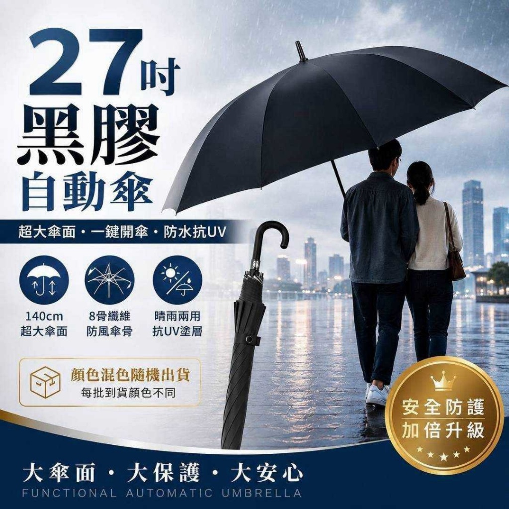 大雨也不怕27吋黑膠機能自動傘