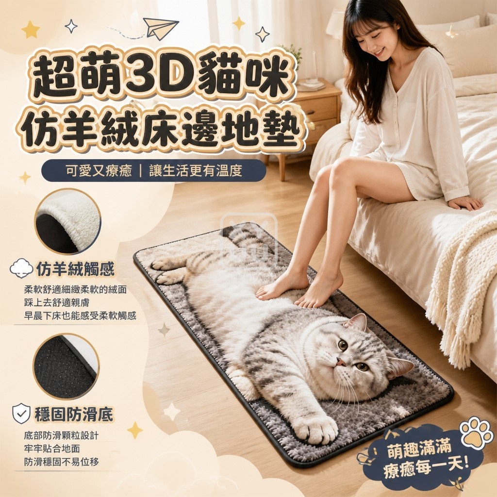 超萌3D貓咪仿羊絨床邊地墊
