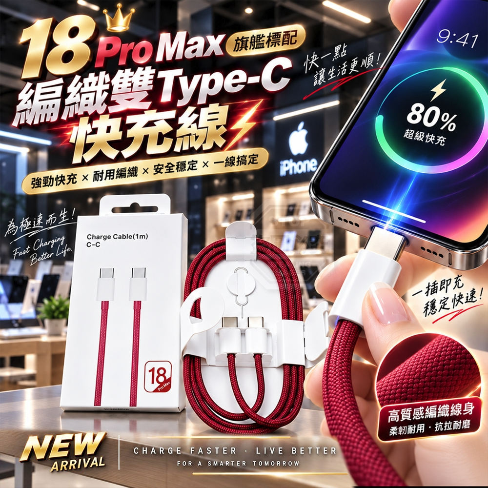 (2個)18 Pro Max旗艦標配編織雙Type-C快充線