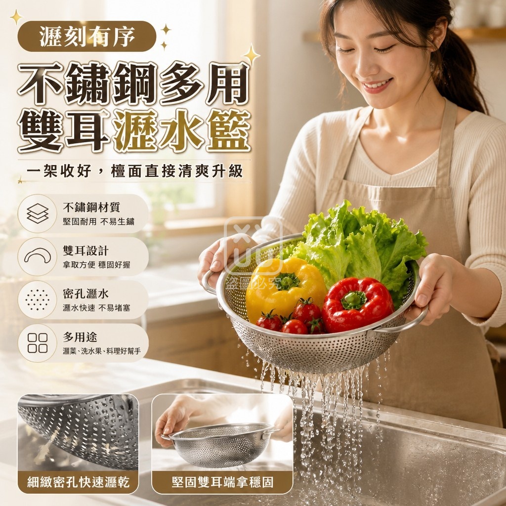 不鏽鋼多用雙耳瀝水籃