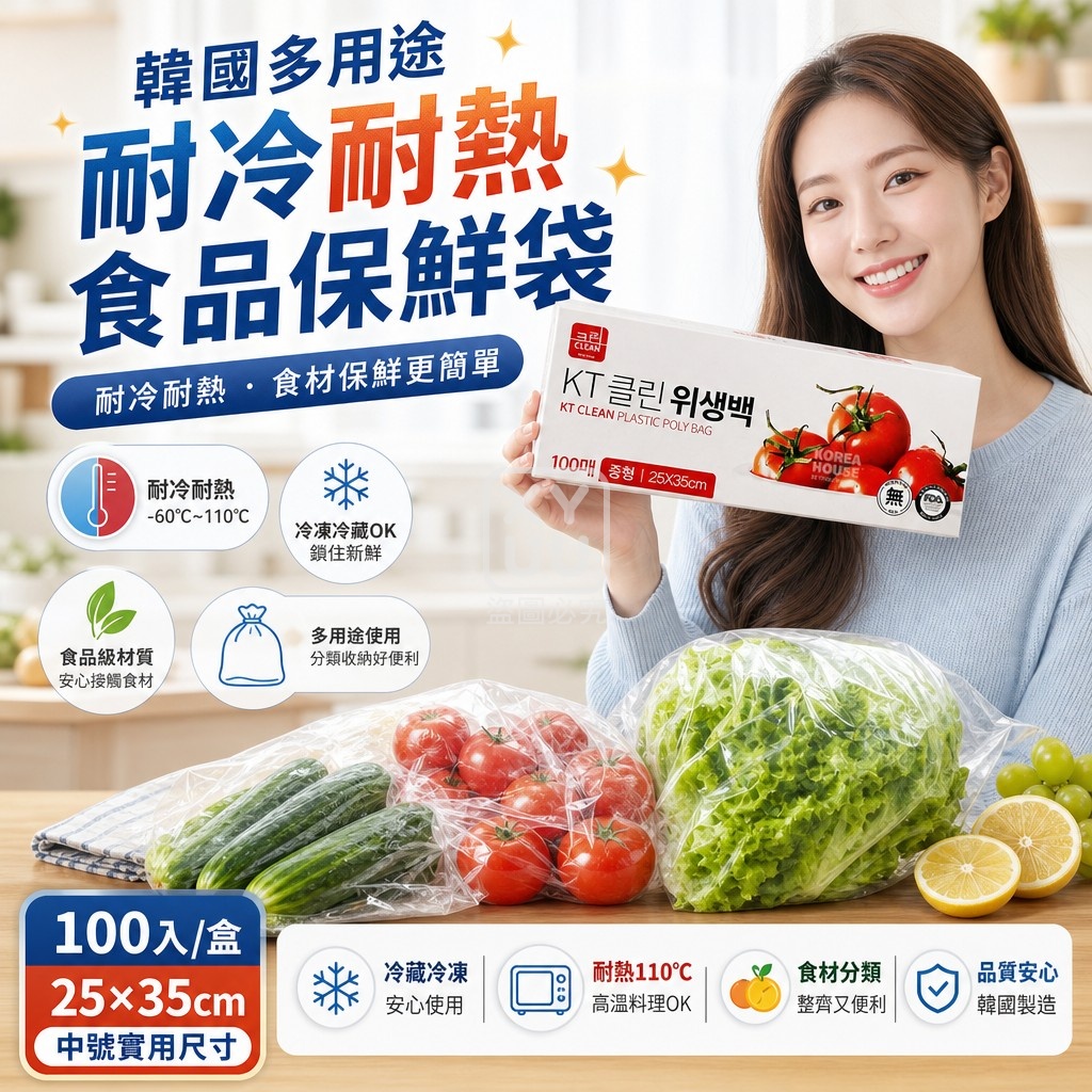 韓國 KT CLEAN 多用途耐冷耐熱食品保鮮袋25×35cm 100入 單盒