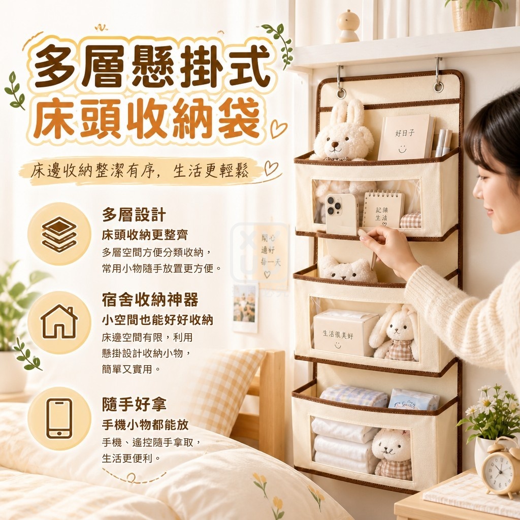 多層懸掛式床頭收納袋