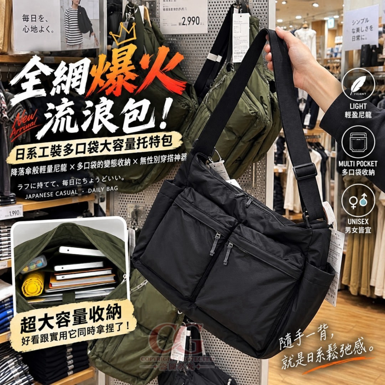 日系工裝多口袋大容量托特包