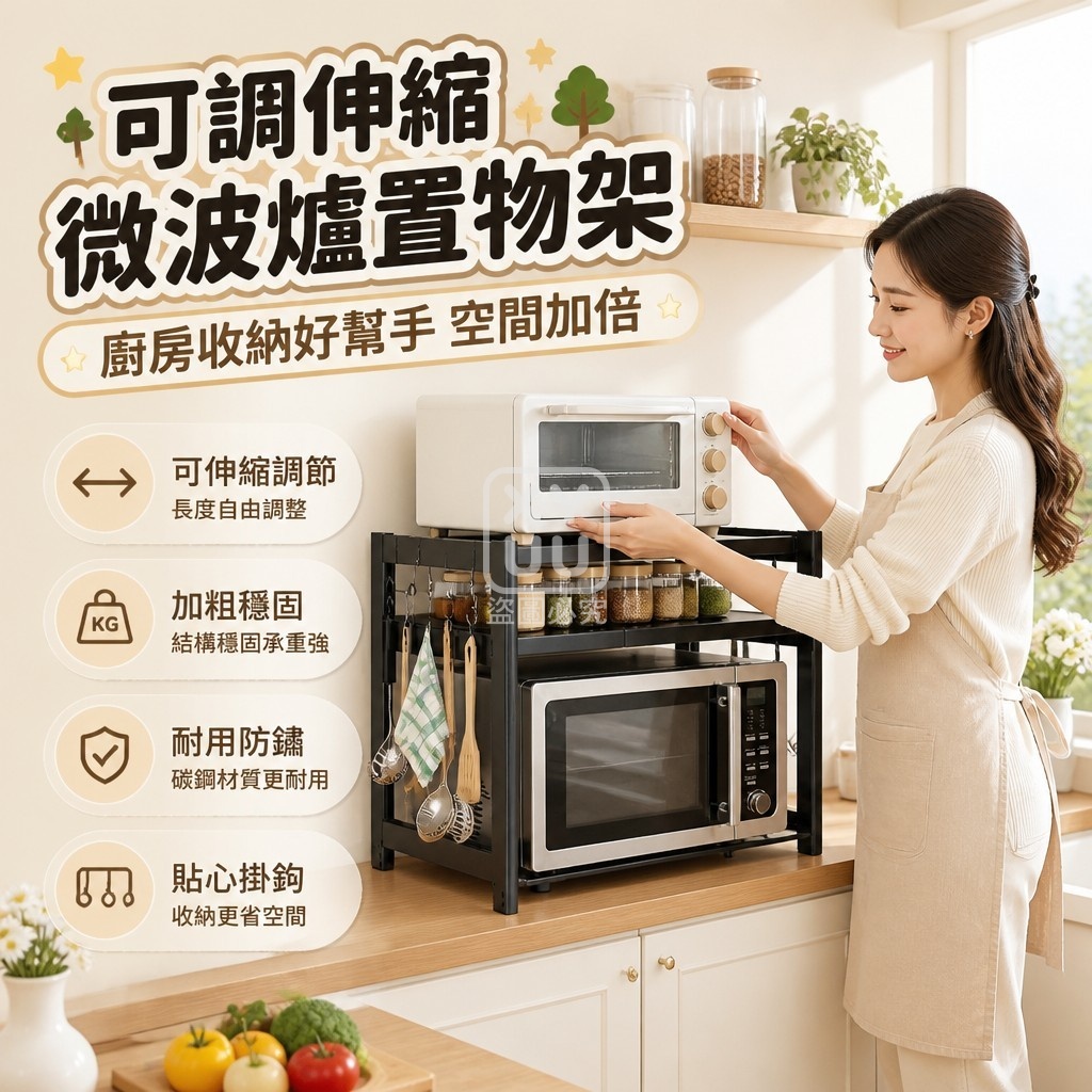 可調伸縮微波爐置物架