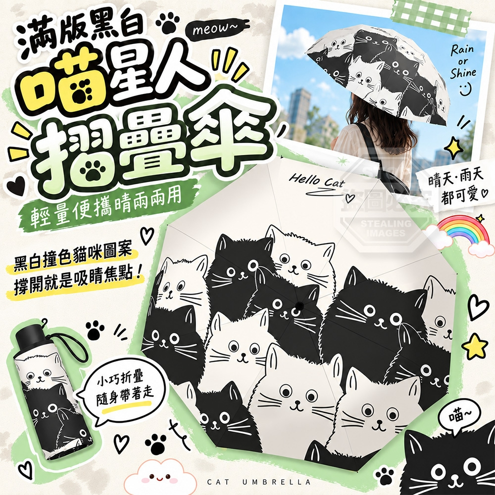 滿版黑白喵星人輕量便攜晴雨兩用折疊傘