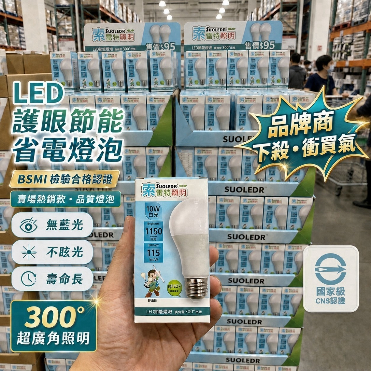 15W白光-台灣品牌 索雷特 LED護眼無藍光節能省電300°超廣角照明燈泡