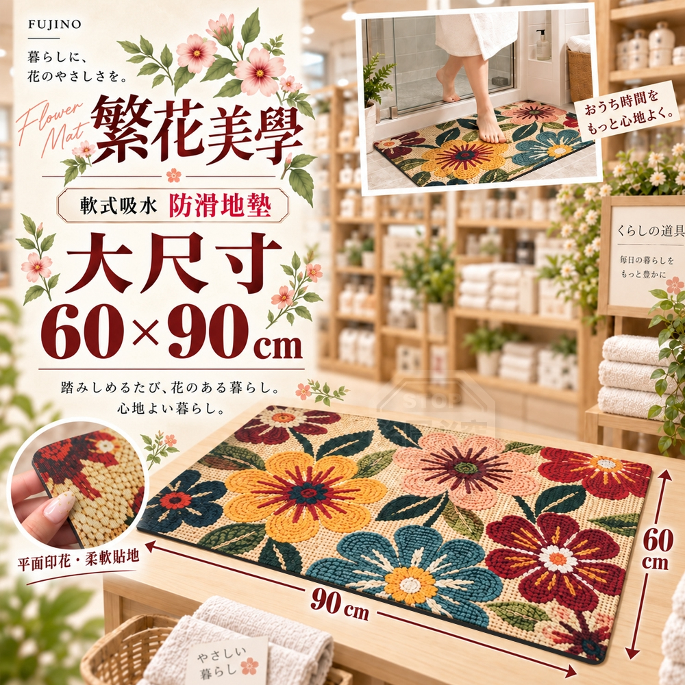 日系復古典雅繁花美學軟式吸水防滑地墊