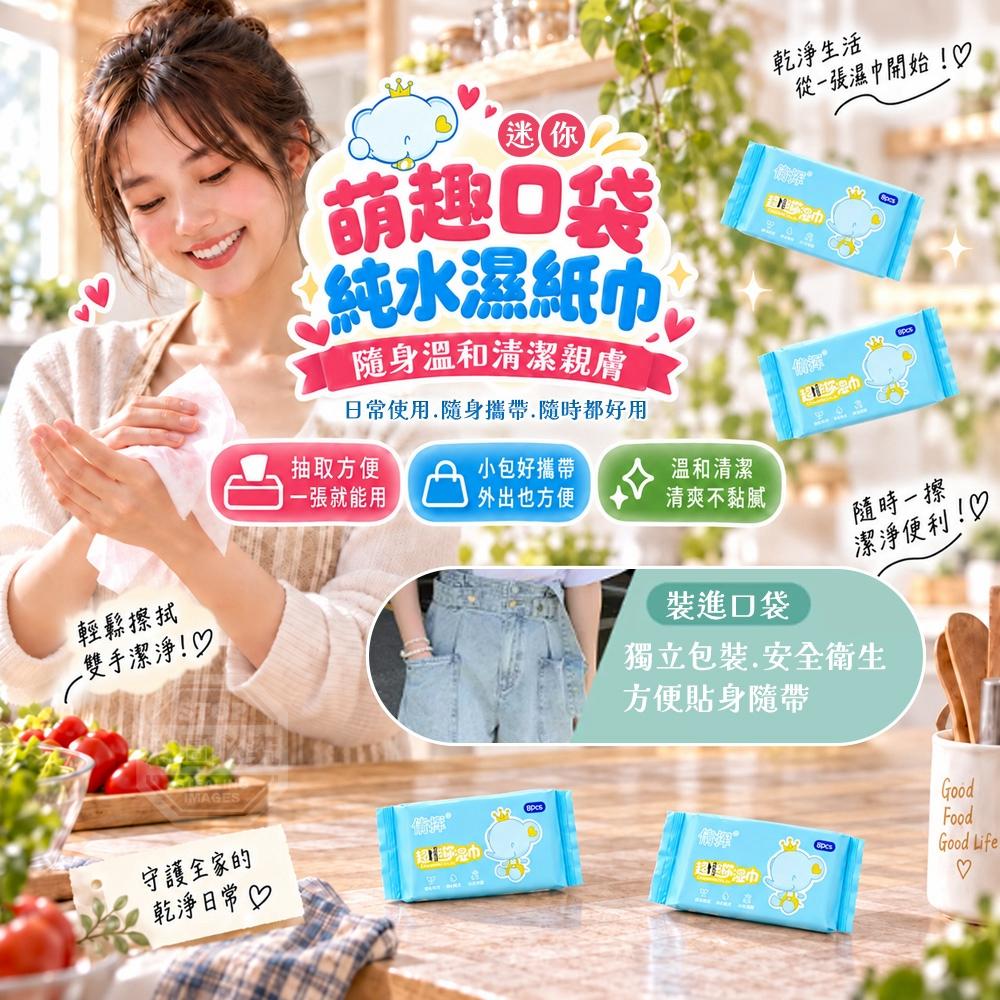 萌趣口袋迷你隨身溫和清潔親膚純水濕紙巾 24包