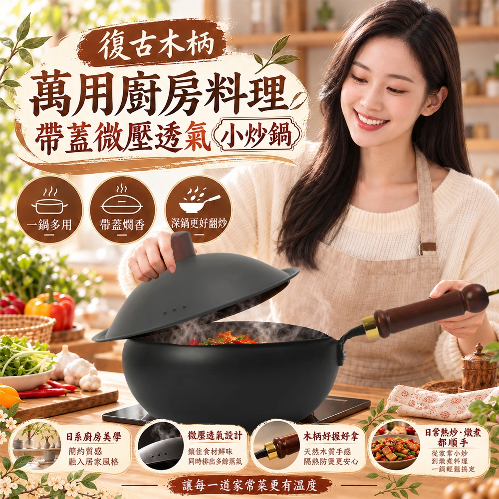 復古木柄萬用廚房料理帶蓋微壓透氣小炒鍋