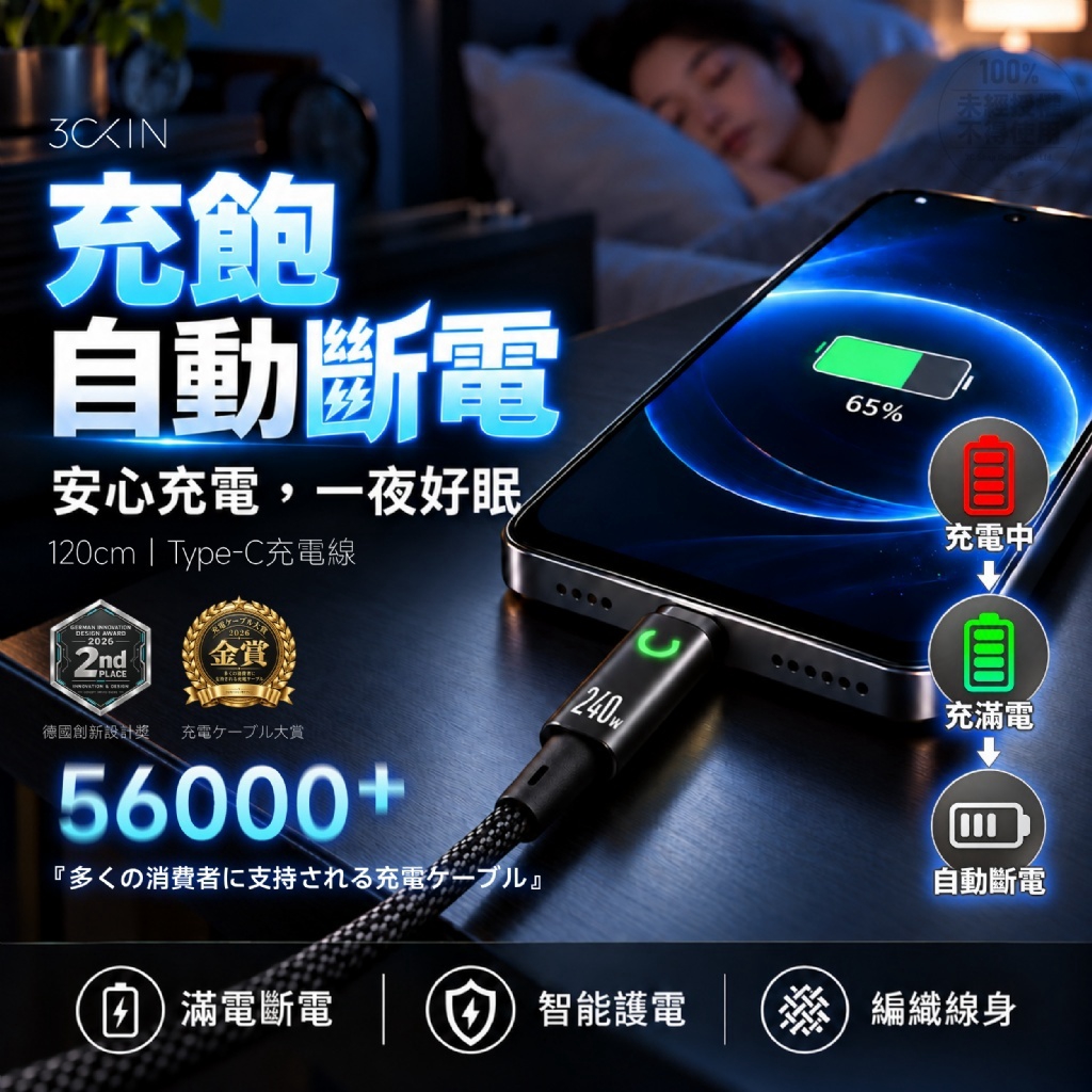 3C-KIN®240W智能自動斷電Type-C快充數據線 120cm