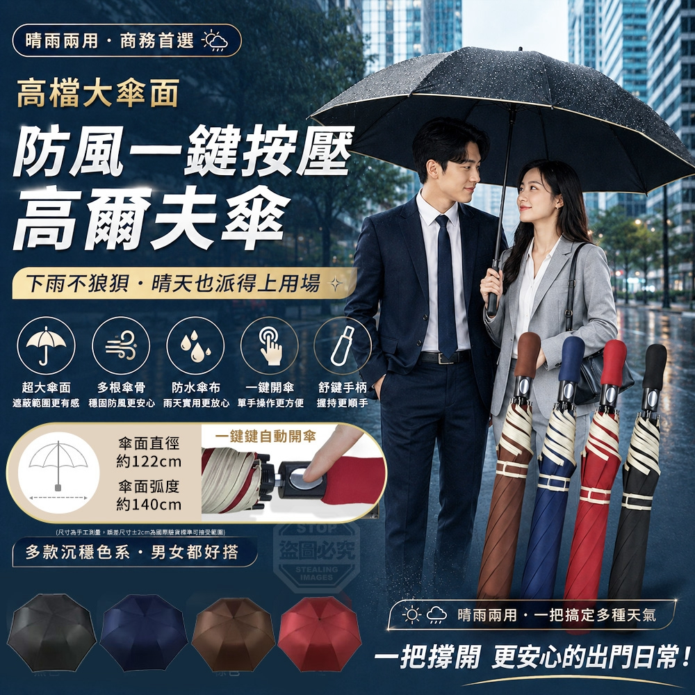 高檔大傘面防風一鍵按壓晴雨兩用高爾夫傘