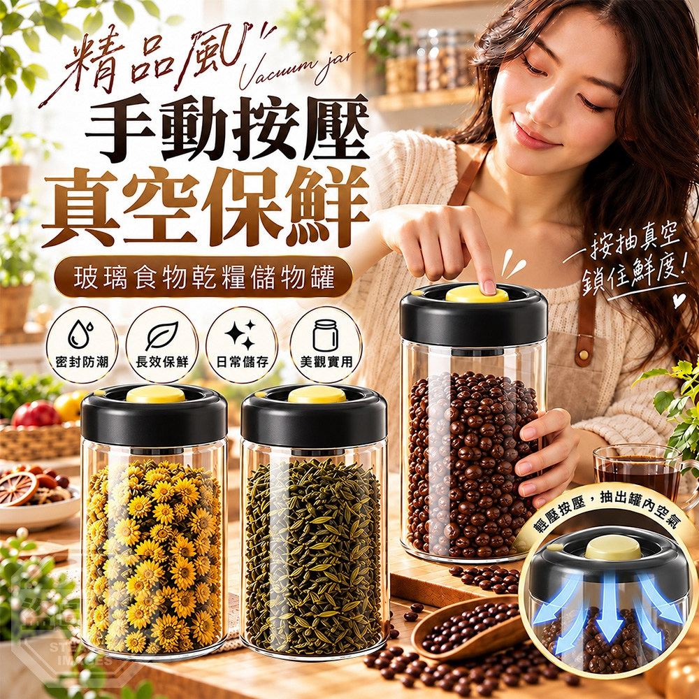 精品風手動按壓真空保鮮玻璃食物乾糧儲物罐