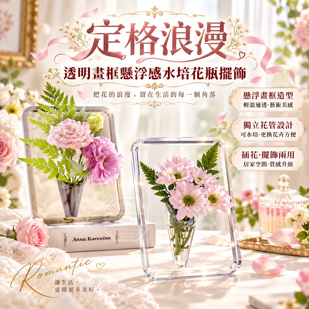 (4個)定格浪漫透明畫框懸浮感水培花瓶擺飾