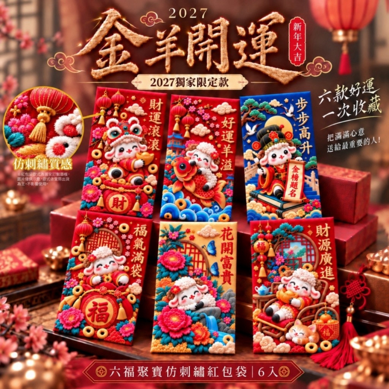 2027金羊開運 六福聚寶仿刺繡紅包袋6入 1組2包