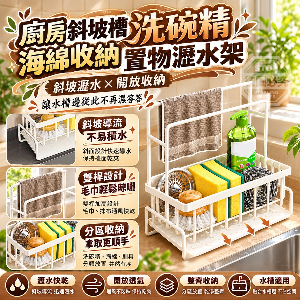 廚房斜坡水槽洗碗精海綿收納置物瀝水架