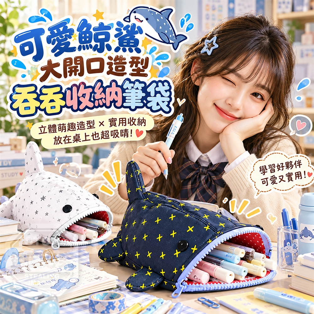 可愛鯨鯊大開口造型吞吞收納筆袋