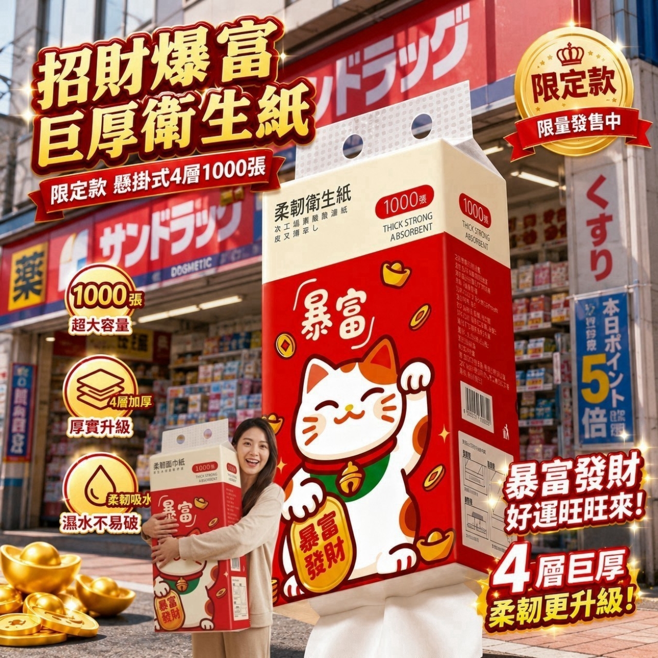 順風順水招財貓暴富懸掛式4層巨厚衛生紙1000張 一小箱12包